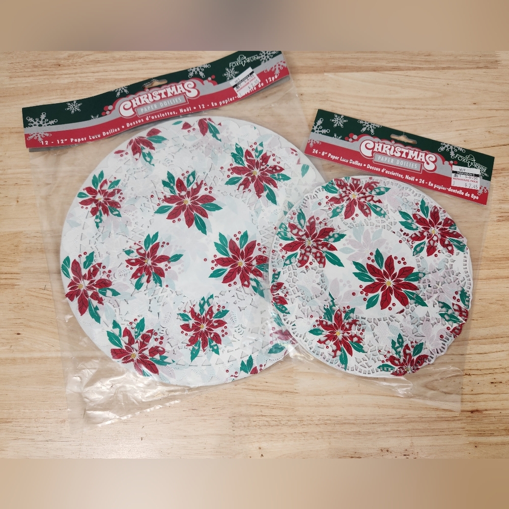 Fox Run Craftman Christmas Round Paper Lace Doilies Poinsettias 12/10" 24/8" NOS